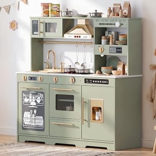 Wooden Play Kitchen for Kids with Real Lights & Sounds, Green