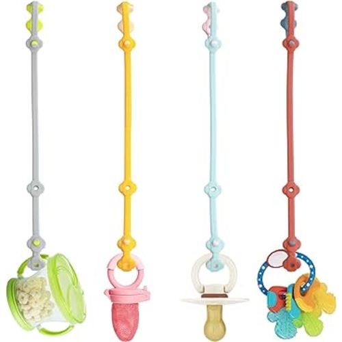 Toy Safety Straps 4PK Stretchable Silicone Pacifier Clips Baby Toddler Teether Bottle Harness Straps for Strollers,High Chair,Shopping Cart,Cribs,Exersaucer