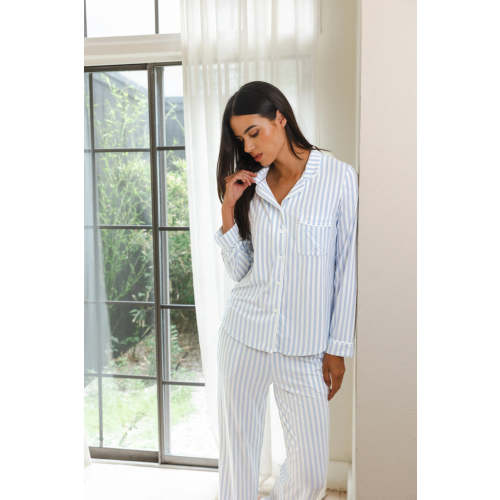 Long-Sleeved Women's Pajama Set in Small Mist Stripe with Cloud Trim