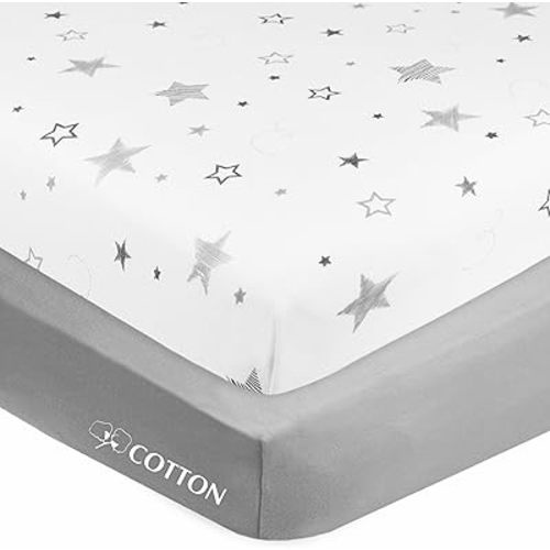 American Baby Company 2 Pack 100% Natural Cotton Fitted Crib Sheets 52" x 28" - Soft, Breathable, Hypoallergenic & Gentle Toddler Bed Sheets, Super Stars and Gray, Neutral for Boys & Girls