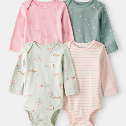 Multi Baby Girl 4-Pack Owl Print Cotton Long-Sleeve Multipack Bodysuits - Green/Pink/White | Carter’s Oshkosh Canada
