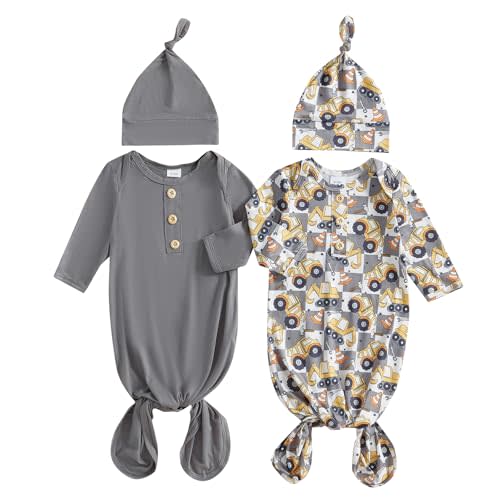 woshilaocai 2 Pack Baby Boy Girl Gown Sleeper Newborn Knotted Nightgown and Hat Set Infant Sleepwear