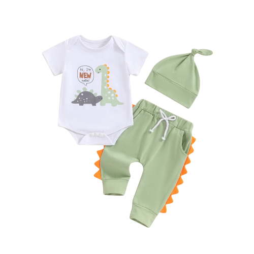 Qtinghua Newborn Baby Boy Summer Clothes I'm New Here Dinosaur Bodysuit Green Jogger Pants Hat Cute 3Pcs Coming Home Outfit