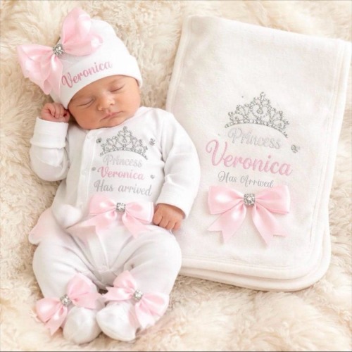 Newborn baby FULL SET is a sleepsuit hat mitts headband. Personalised add a cotton blanket or suitcase ADD a teddy 2nd pic is the original