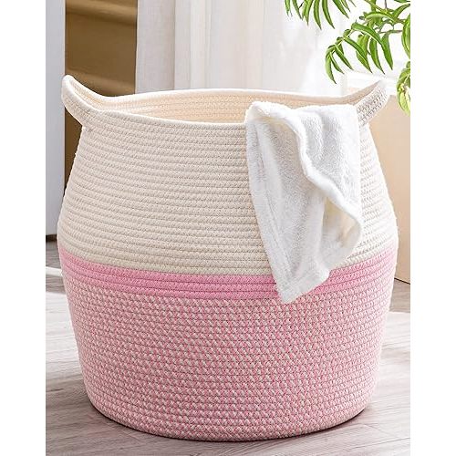 KAKAMAY Woven Baskets for Storage(17"x17"),Large Cotton Rope Woven Baby Laundry Hamper,Collapsible Laundry Basket, Blanket Basket for Organizing Living Room,Nursery,Pillows,Toy Chest(Pink)