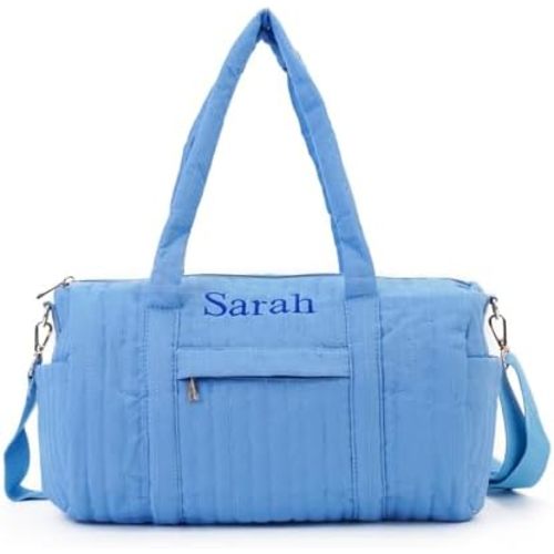 Quilted Travel Duffle Bag for Women Personalized Overnight Weekender Bags for Women with Embroidered Name Small Blue Carry on Diaper Duffle Bag for Travel Weekend Trip Sport Custom Gifts