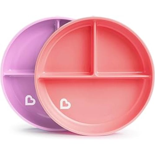 Munchkin Stay Put Suction Plates for Baby and Toddler, 3 Divided Sections , Pink/Purple