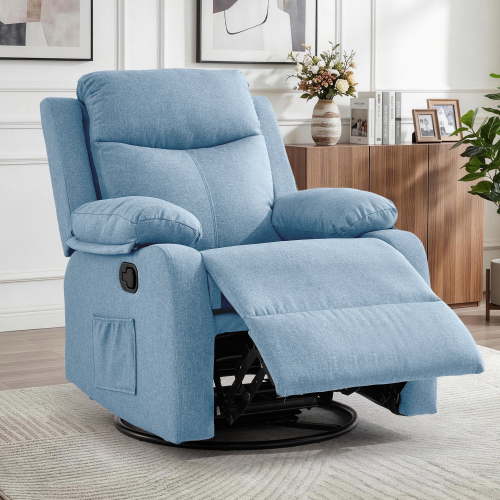 GEEYOO Manual Swivel Rocker Recliner Chair with Side Pockets,Small Recliner Chair for Small Spaces,Upholstered Linen Fabric Glider Nursery Chair for Living Room,Blue