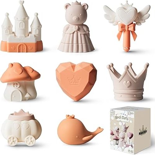 MarcZero Princess Silicone Bath Toys 8Pcs for Toddlers Kids Babies,Bathtub Water Toys,Soft Squeezable Easy-Grip Pool Toys Set (Peach)