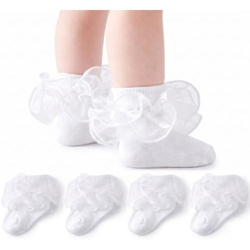Baby Girls Ruffle Socks 2-Layer Lace Frilly Turn Cuff Fancy Dress Socks for Preemie Newborn Infant Toddler Girl Kids