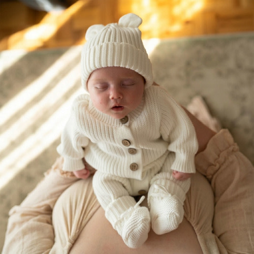 Knitted Sleep Suit, Hat & Booties Set – Organic Cotton – Neutrum Bear