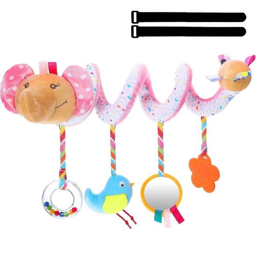 Sytle-Carry Baby Car Seat Toys, Spiral Hanging Pink Elephant Rattle, Teether, for 0-12 Months