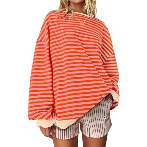 UEU Women Oversized Striped Crewneck Sweatshirt Long Sleeve Color Block Pullover Tops Casual Loose Workout Shirt