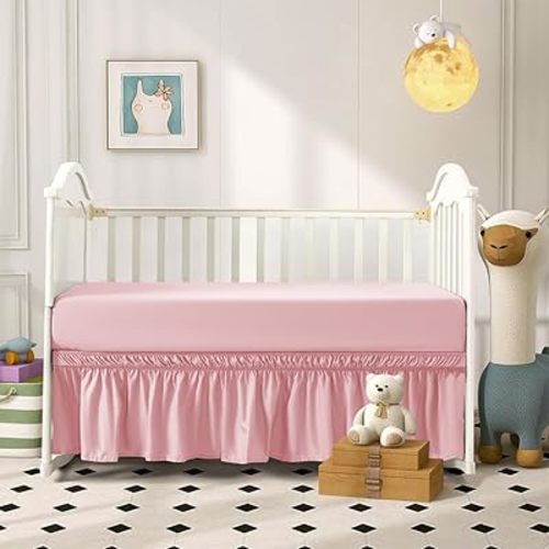 2 Piece Crib Bed Skirt Fitted Sheet,Light Pink,Girl,Baby,Toddler