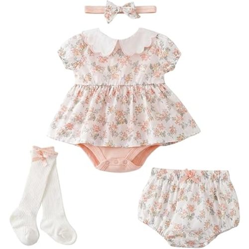 Infant Baby Girl Bodysuit Dress Summer Outfits Clothes | With High Socks,Headband and Bloomer Shorts,Soft Breathable Stretchy Cotton,Snap Closure,Parties,Park Picnics,Vacation