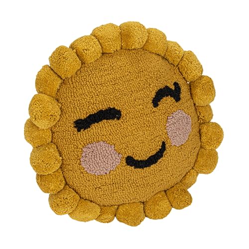 Creative Co-Op Cotton Punch Hook Sun Shaped Pillow with Face and Pom Pom Trim, Yellow, Black and Pink