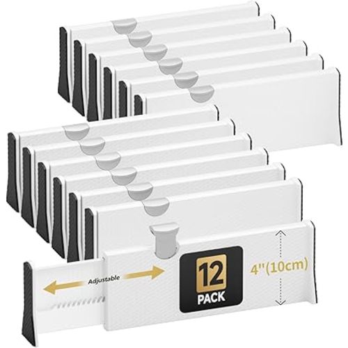 Drawer Dividers Organizer 12 Pack, Adjustable Separators 4" High Expandable from 11-17" for Bedroom, Bathroom, Closet, Clothing, Office, Kitchen (White, 12 PACK)