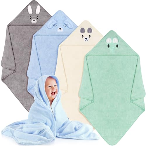 Preboun 4 Pcs Baby Bath Towel Coral Fleece Baby Hooded Towel Absorbent Soft Towels for Newborn Cartoon Animal Hooded Bath Blanket for Kids Toddler Infant Shower (Cute Style)