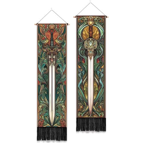 PLIGREAT 2 Pack Fantasy Weapons Vertical Tapestry Swords Aesthetic Wall Hanging for Bedroom Bathroom Living Room Vintage Long Narrow Wall Hanging Dorm Room Home Art Decor