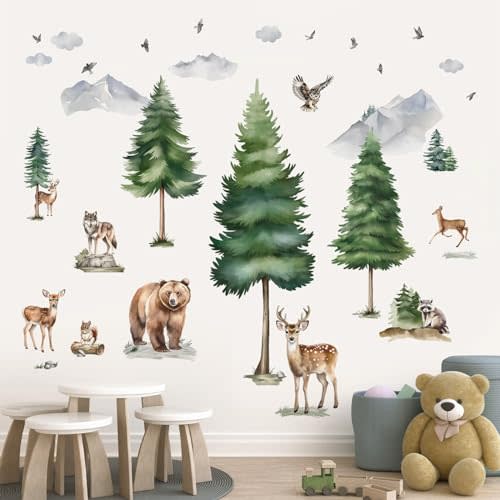 wondever Large Mountain Tree Wall Stickers Pine Tree Woodland Animal Deer Bear Peel and Stick Wall Art Decals for Kids Room Baby Nursery Bedroom