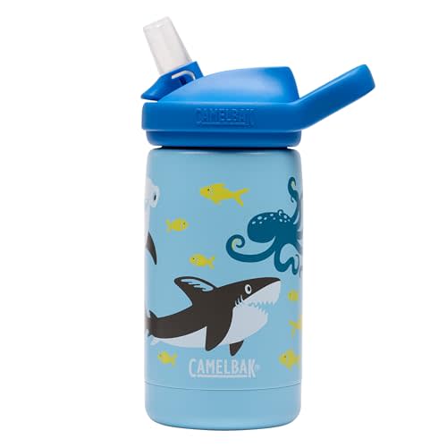 CamelBak Eddy+ Kids Bite Valve Straw Stainless Steel Water Bottle Sharks and Friends, 12oz