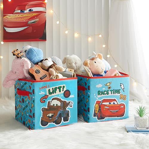 Disney Cars Storage Cubes, Set of 2 Durable 10"x10"x10" Fabric Bins with Handles, Lightning McQueen Organizer Boxes for Kids' Toys, Clothes & Room Décor