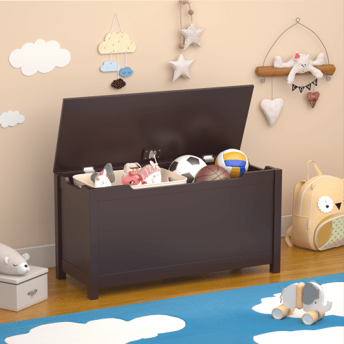 Oufan Kids Wooden Toy Box Storage with Safety Hinged Lid for Ages 2+ (Coffee)
