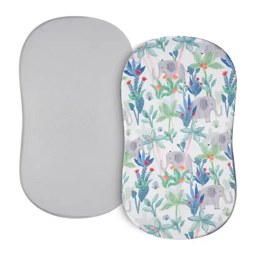 TILLYOU Baby Bassinet Sheets for Girls Boys, Fit for Hourglass Oval Rectangle Bassinet Mattress Sheets, 33”X16”, 2 Pack Rainforest Elephant & Grey
