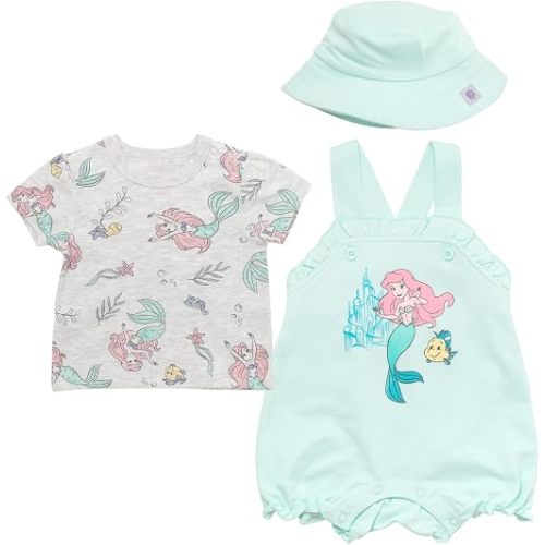 Disney Princess Little Mermaid Newborn Baby Girls Short Overalls, T-Shirt & Bucket Hat 3 Piece Outfit Blue/White 6-9 Months