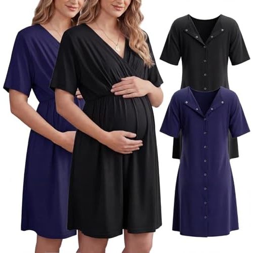 2 Pack Labor and Delivery Gown for Hospital Maternity Nursing Short Sleeve Gown Button Back Birth Recovery Sleepwear