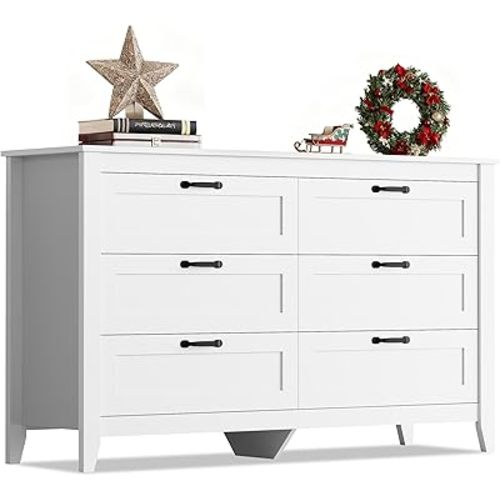 WLIVE White Dresser for Bedroom, 6 Drawer Wood Dresser with Metal Handle, Large Double Wooden Chest of Drawers for Living Room, Hallway, Closet