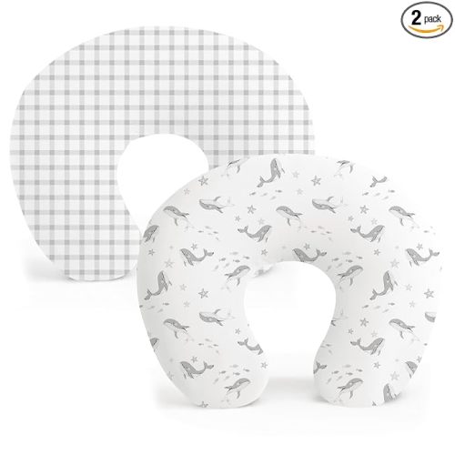 Konssy 2 Pack Nursing Pillow Covers, Stretchy and Soft Nursing Cover for Breastfeeding Pillows, Pillow Slipcover for Baby Girls Boys Newborn (Starry Whales,Cozy Grid)