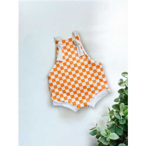 Orange checkered tied overall shorties, orange checkered overalls, baby overall, toddler overall shorts, tied overall shorts, overalls