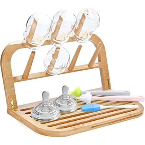 Bamboo Baby Bottle Drying Rack, Space Saving Kitchen Drying Rack & Bottle Holder for Plastic Bag, Cup, Glass, Dish, Accessories, Reusable Ziplock and Freezer Bag Dryer Rack