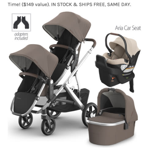 UPPAbaby Vista V3 Double Stroller in color Theo + Bassinet + Aria in color Declan / Mesa V3 / Mesa V2 Car Seat Travel System