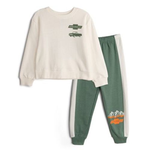 General Motors Chevrolet Toddler Boys Fleece Pullover Sweatshirt and Jogger Pants Outfit Set Off White / Green Chevy Trucks 4T