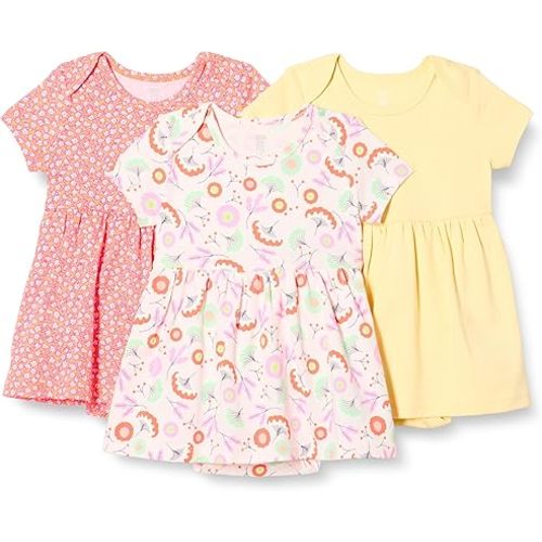 Amazon Essentials Baby Girls' Short Sleeve Bodysuit Dress, Everyday Dresses, Pack of 3 12 months