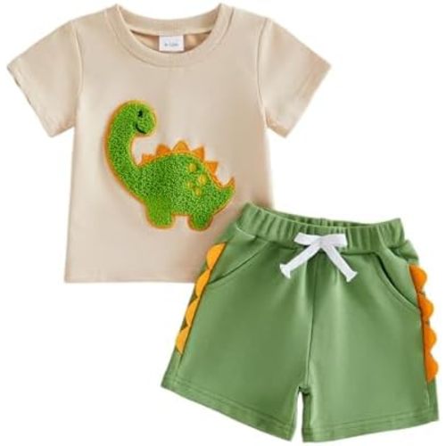 Lamuusaa Infant Baby Boy Dinosaur Outfit Short Sleeve Dinosaur Embroidery T-shirt Jogger Shorts Toddler Summer Clothes