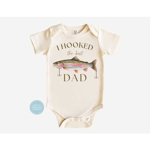 I Hooked the Best Dad Baby Onesie | Fishing Baby Outfit | Rainbow Trout Bodysuit | Outdoorsy Baby Boy Gift | Father’s Day Baby Shirt