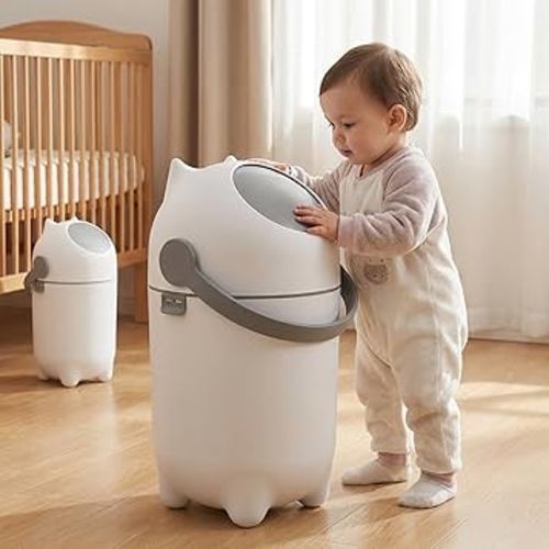 Grebest Diaper Pail with Airtight Lid, Odorless Diaper Bin, 15 Liter/4 Gallon Nursery Trash Can, Holds Up to 16 Diapers, Easy to Clean, Portable Plastic Trash Can for Baby White