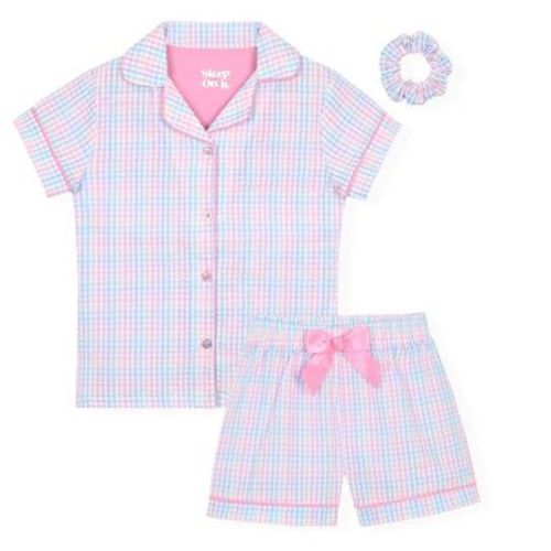 Sleep On It Girls Seersucker Coat Front Pajama Short Set - Plaid, 10-12