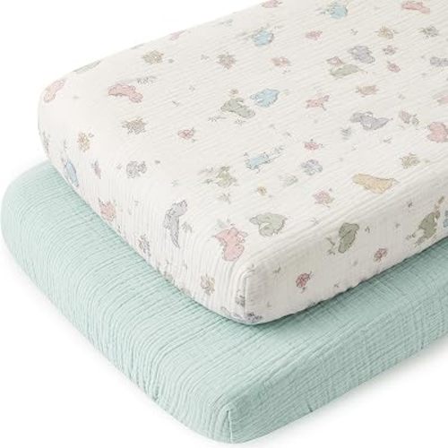 2 Pack Muslin Bassinet Sheets for Boy Girl - 20” x 33” Neutral Bassinet Fitted Sheets for Rectangle Bassinet Bedside Sleeper Mattress - Soft Breathable Cotton Baby Sheets - Lake Blue & Dinosaur