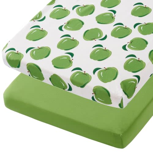 TILLYOU Mini Crib Sheets Fitted 2 Pack, Pack and Play Sheets for Toddler Mattress, Soft and Breathable 38”x 24” Pack n Play Mattresses Cover, Green Apple & Fruit Green