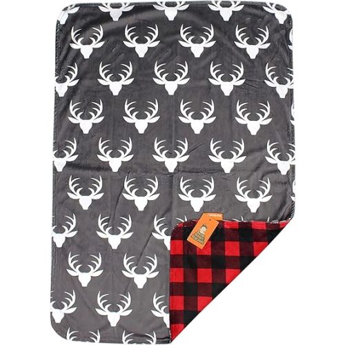Dear Baby Gear - Reversible Baby Blankets - Soft Nursery Blanket for Newborn - Toddler Blankey - Throw Blanket for Boys & Girls - Infant Blankets - 40x30 (Deer Antlers Red & Black Buffalo Plaid)