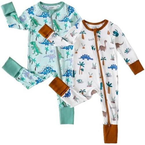 DEFAHN Baby Footless Pajamas Rayon from Bamboo 2Pcs Long Sleeve Romper Jumpsuit with Mitten Boy Girl 2-Way Zipper Sleeper PJs