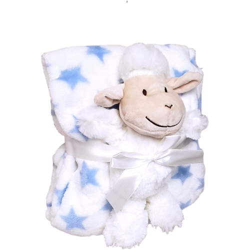Baby Soft Blanket and 8 inch Lovable Stuffed White Lamb Plush Polyester Toy Gift Set - Unisex Kids Girl Boy by Sona G Designs