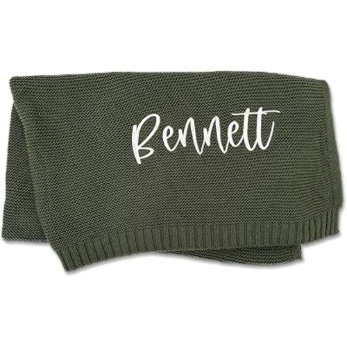 Hickory Hollow Designs Personalized Baby Blanket with Name, Baby Blankets for Boys, 100% Cotton, Green Baby Blankets, Baby Boy Gifts, Receiving Blankets for Boys, (Pine Green)