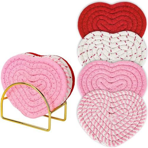 Whaline Valentine's Day Heart Coasters Handmade Braided Cotton Coasters Pink Red Cup Mat with Golden Holder Anti Slip Absorbent Drinks Mat for Mother's Day Home Restaurant Housewarming Gifts, 4Pcs