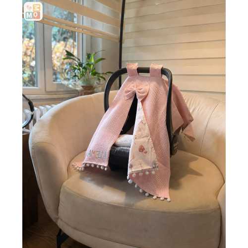 Light Pink Waffle Cotton Baby Car Seat Cover, Personalized Pram Canopy, Stroller Shade