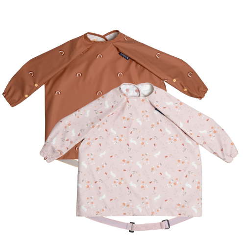 Bibado Coverall Weaning Bib 2 pack - Chasing Rainbows & Floral Bunnies